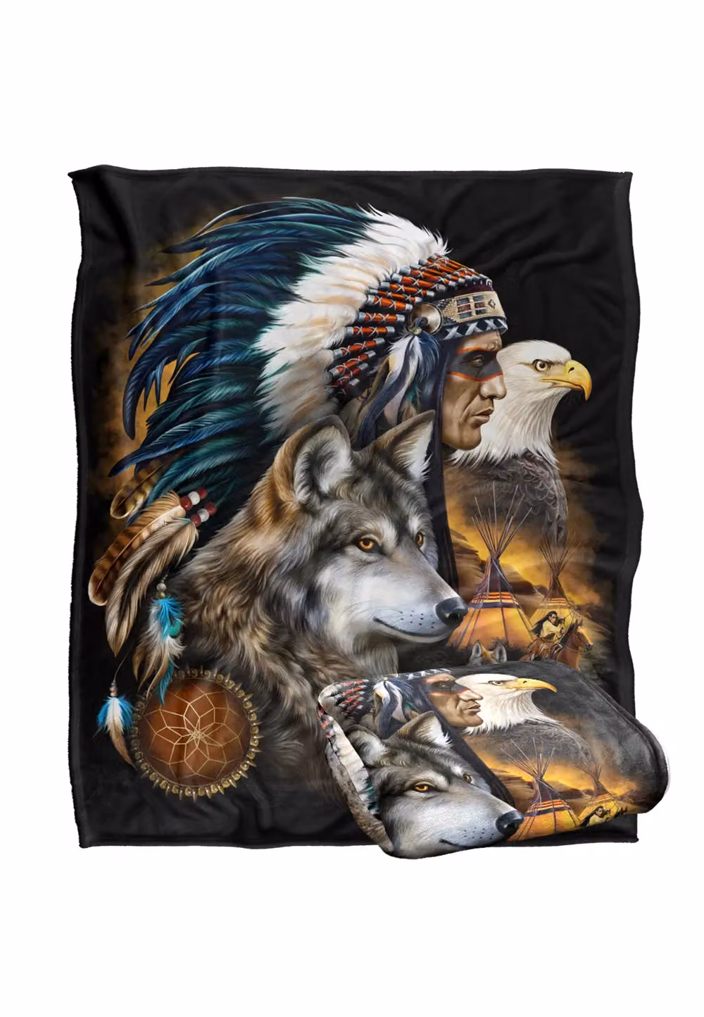 JQ Licensing Native American Wolf and Eagle Silky Touch Super Soft Fleece Throw Blanket, White and Multicolour, W: 152 cm, D: 127 cm – 7