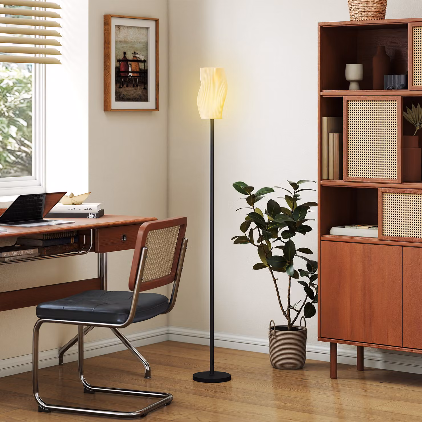 HOMCOM Modern White Floor Lamp with 3D Printed Curved Shade and Foot Switch, E27 Holder, 25W Max – 5