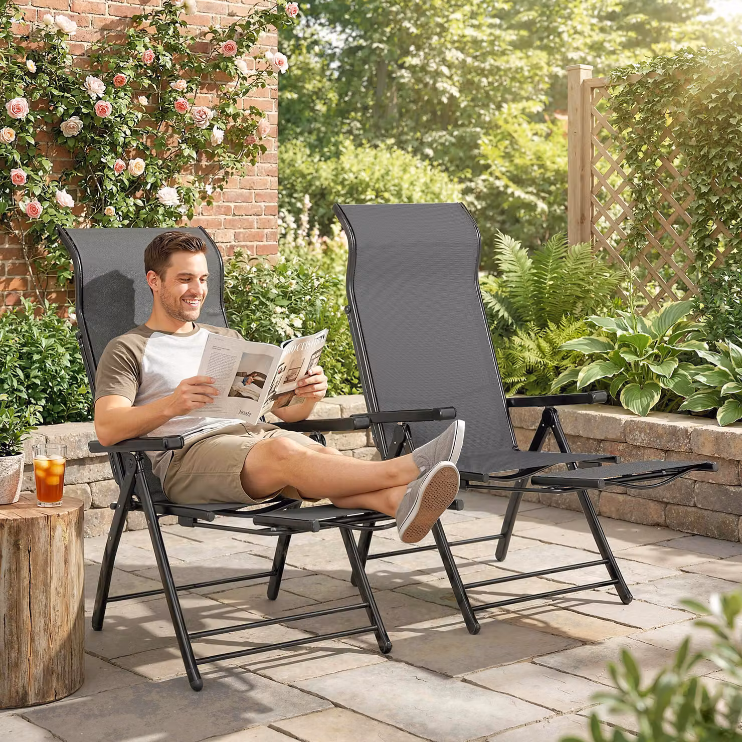 Outsunny Set of 2 Reclining Garden Chairs in Dark Grey with 5-Position Folding Sun Loungers, High Back, Retractable Footrest and Armrests – 2