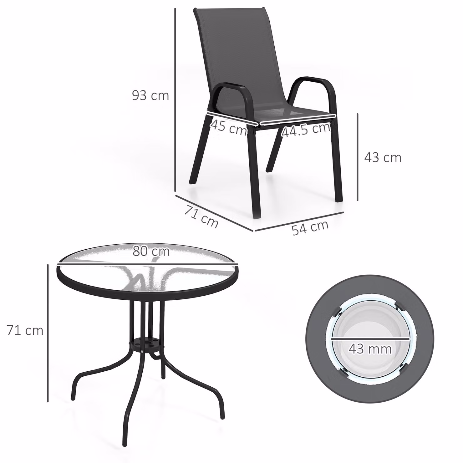 Outsunny Five-Piece Modern Patio Set with Round Glass-Top Table in Black Powder-Coated Steel – 3