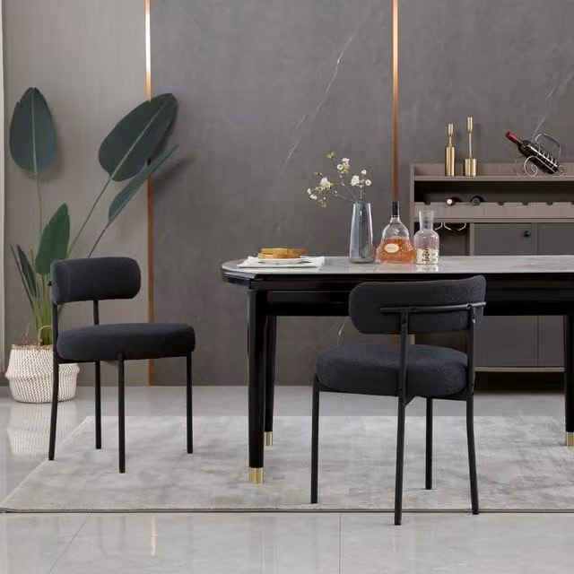 Modern Home Touch Set of 2 Black Bouclé Fabric Upholstered Mid-Century Dining Chairs