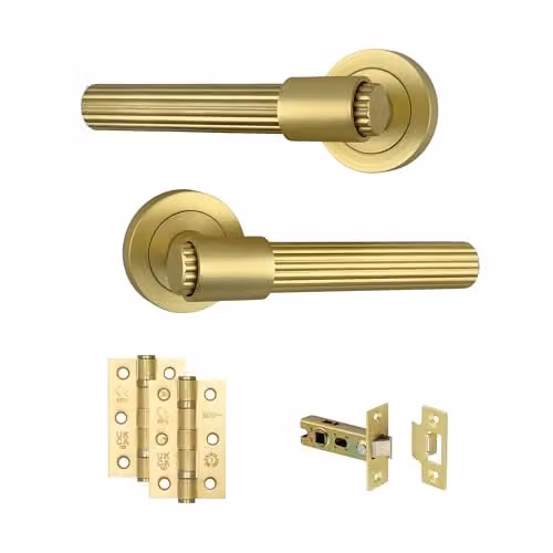 AXS Hardware Nevada Door Handle Pair on Rose in Satin Brass with Stepped Collar Design – 1