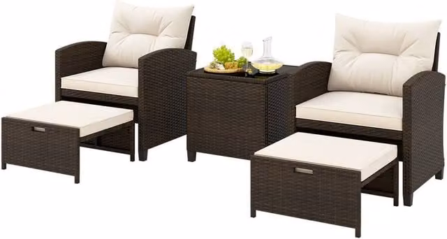 Gymax 5 Piece Brown Polyrattan Patio Furniture Set with Upholstered Cushions, Coffee Table and Ottoman