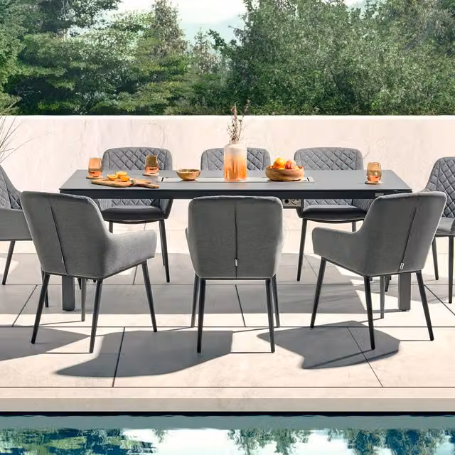 Desser Aruba 8 Seat Outdoor Dining Set with Fire Pit Table in Grey, H76cm x W215cm x D90cm