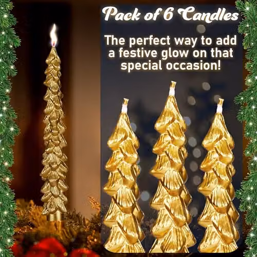 Deco Express Christmas Tree Dinner Candle Set, Gold, 6 Pieces – 5