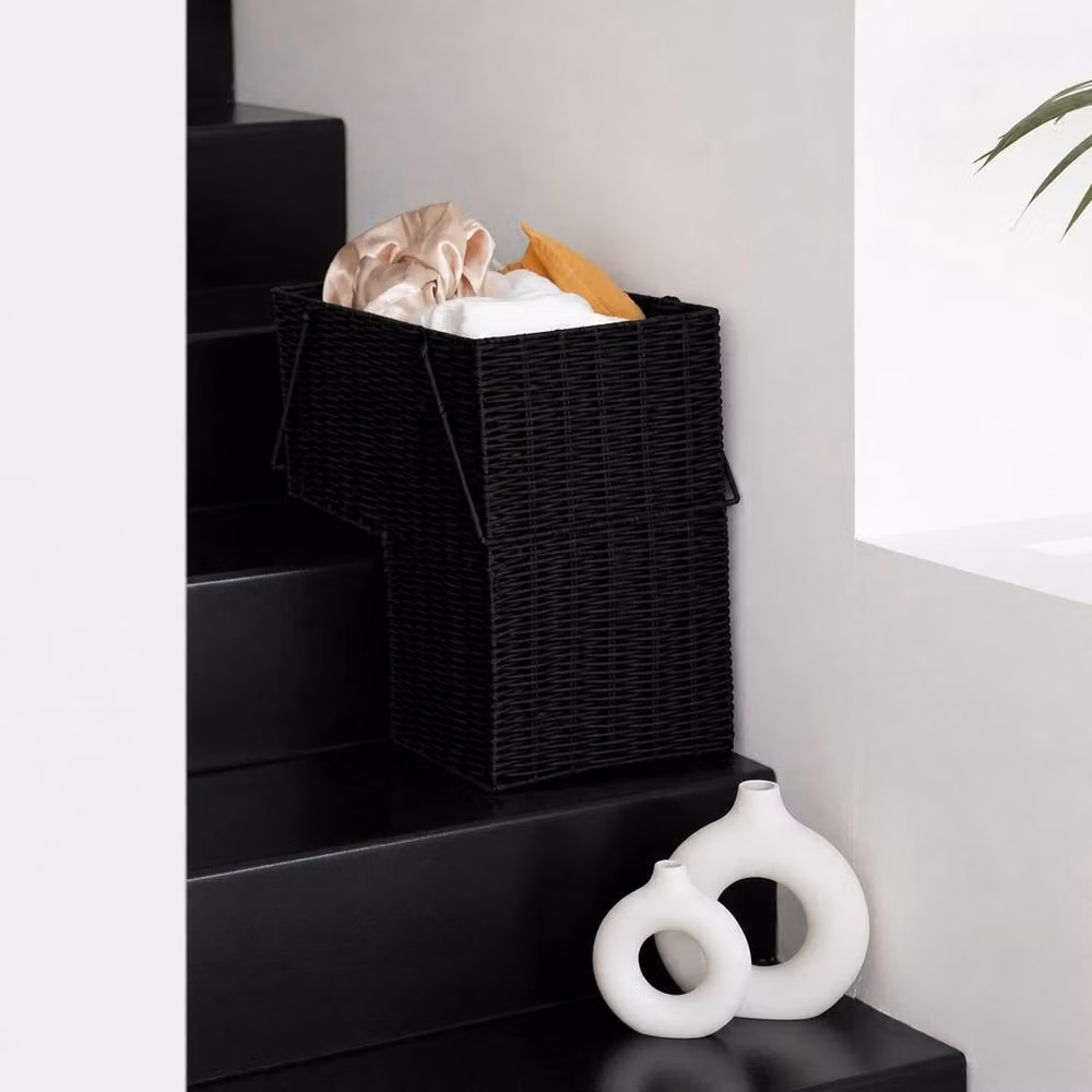 NESTLUNE Black Resin Wicker Woven Storage Baskets with Handles and Open Weave – 3