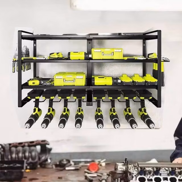 Ventryn UK Wall Mount Tool Organizer Black Metal Rack Holds 8 Drills