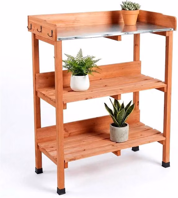 Nordara Brown Wooden Potting Bench with Metal Top and Shelves