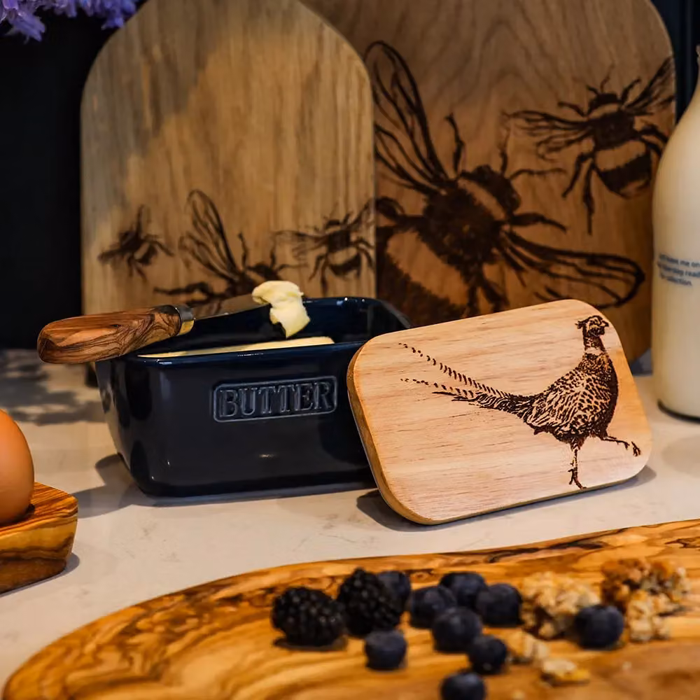 Selbrae House Blue Ceramic Butter Dish with Pheasant Design – 2
