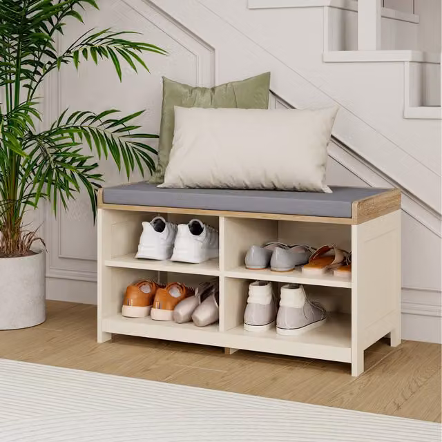 VonHaus Rustic Shoe Rack Bench with Fabric Padded Seat in White and Beige
