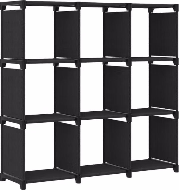 Berkfield Home 9-Cube Display Shelf in Black Fabric and Metal, W/D/H: 103 x 30 x 107.5 cm
