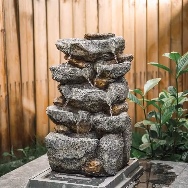 Livingandhome Grey Stone Cascade Tabletop Rock Garden Water Feature with LED Lights