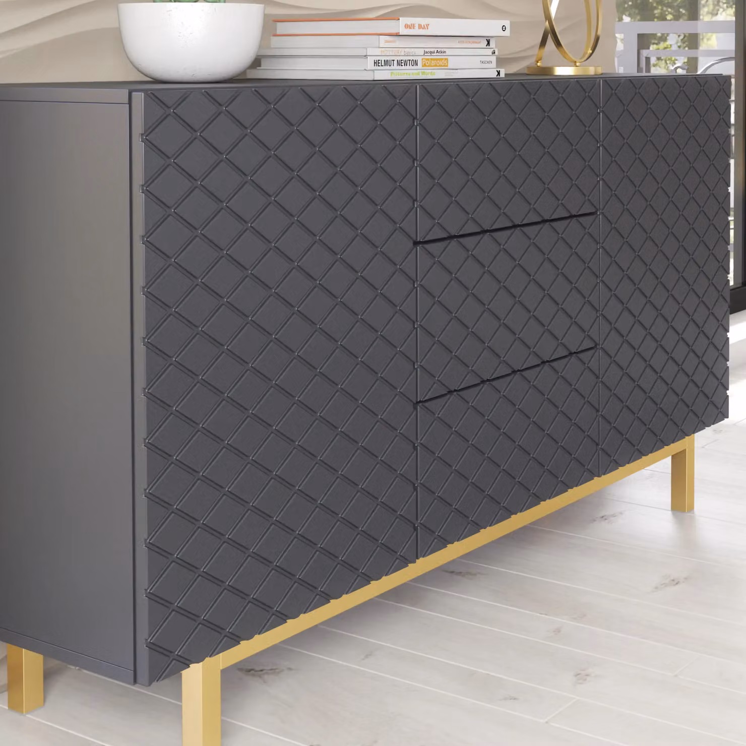 Creative Furniture Diamond Luxe Sideboard in Dark Grey and Gold, W: 140 cm, H: 80 cm, D: 35 cm – 3