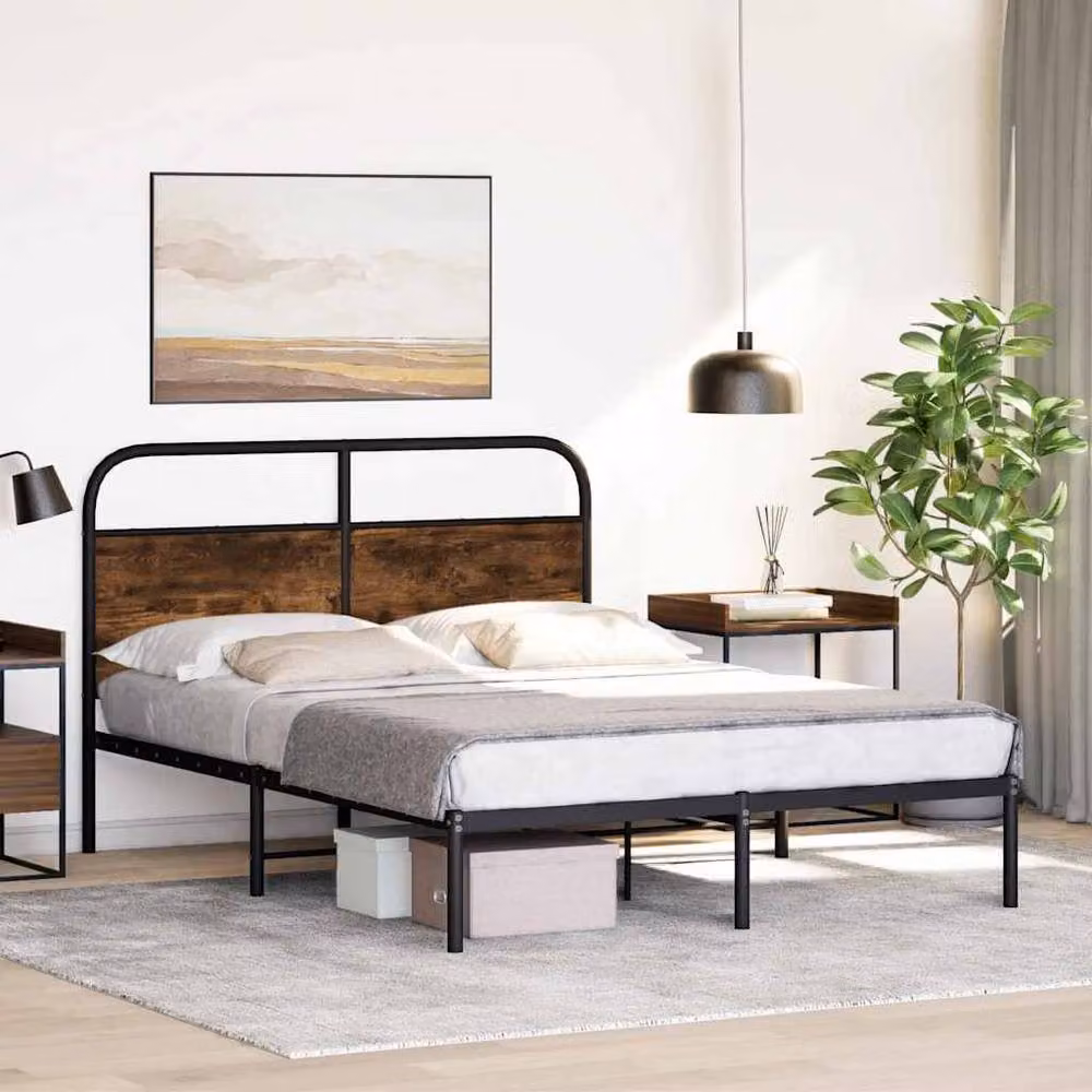 Berkfield Home Elegant Small Double Bed Frame in Smoked Brown Oak and Metal, W/D/H: 120 x 190 cm – 3