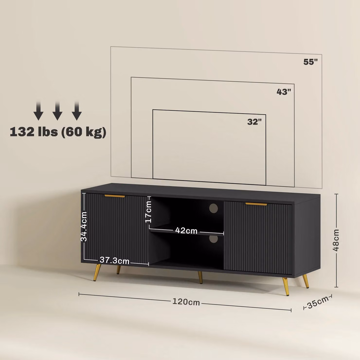 HOMCOM Modern Black TV Stand Cabinet with Media Storage for Living Room and Bedroom – 3