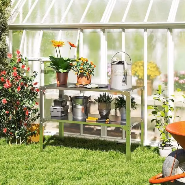 EONLION 2 Tier Metal Potting Bench Table in Silver, Width: 100 cm