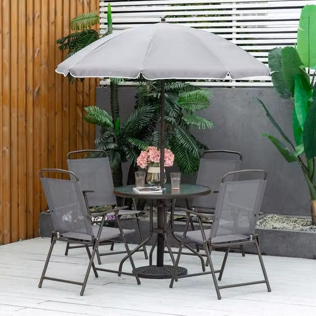 Outsunny Modern Garden Bistro Set with Round Glass Table, 6 Chairs and Parasol in Grey and Brown