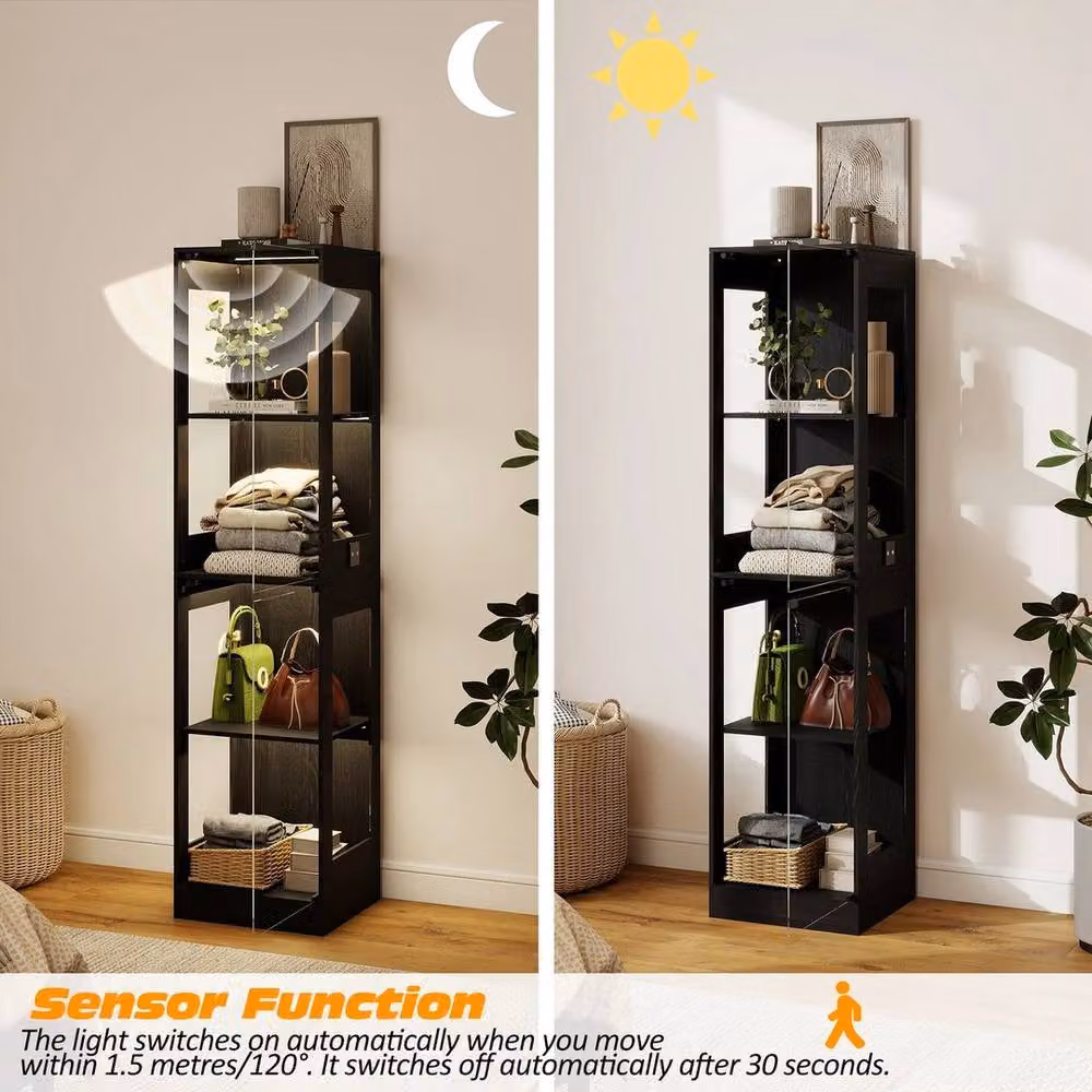 FLAVORA 4 Tier Modern Display Cabinet in Black with Glass Doors and 3-Colour Sensor LED Lighting, W: 100 cm, D: 60 cm – 3