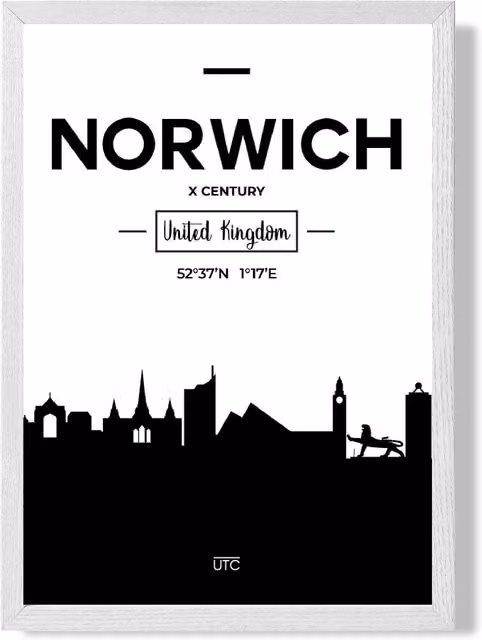 ARTZE Norwich Black and White City Skyline Framed Paper Poster in White Frame, A3 – 1
