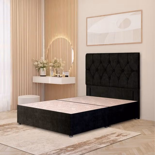Somnior Beds Ltd Chesterfield Velvet Divan Bed Base with Drawers and Floor Standing Headboard, Black, W/D: 90 x 190 cm
