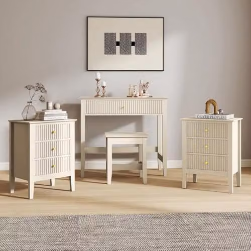 Melody Maison Hales Taupe Range Dressing Table, Stool and Pair of 3-Drawer Bedside Tables in Beige