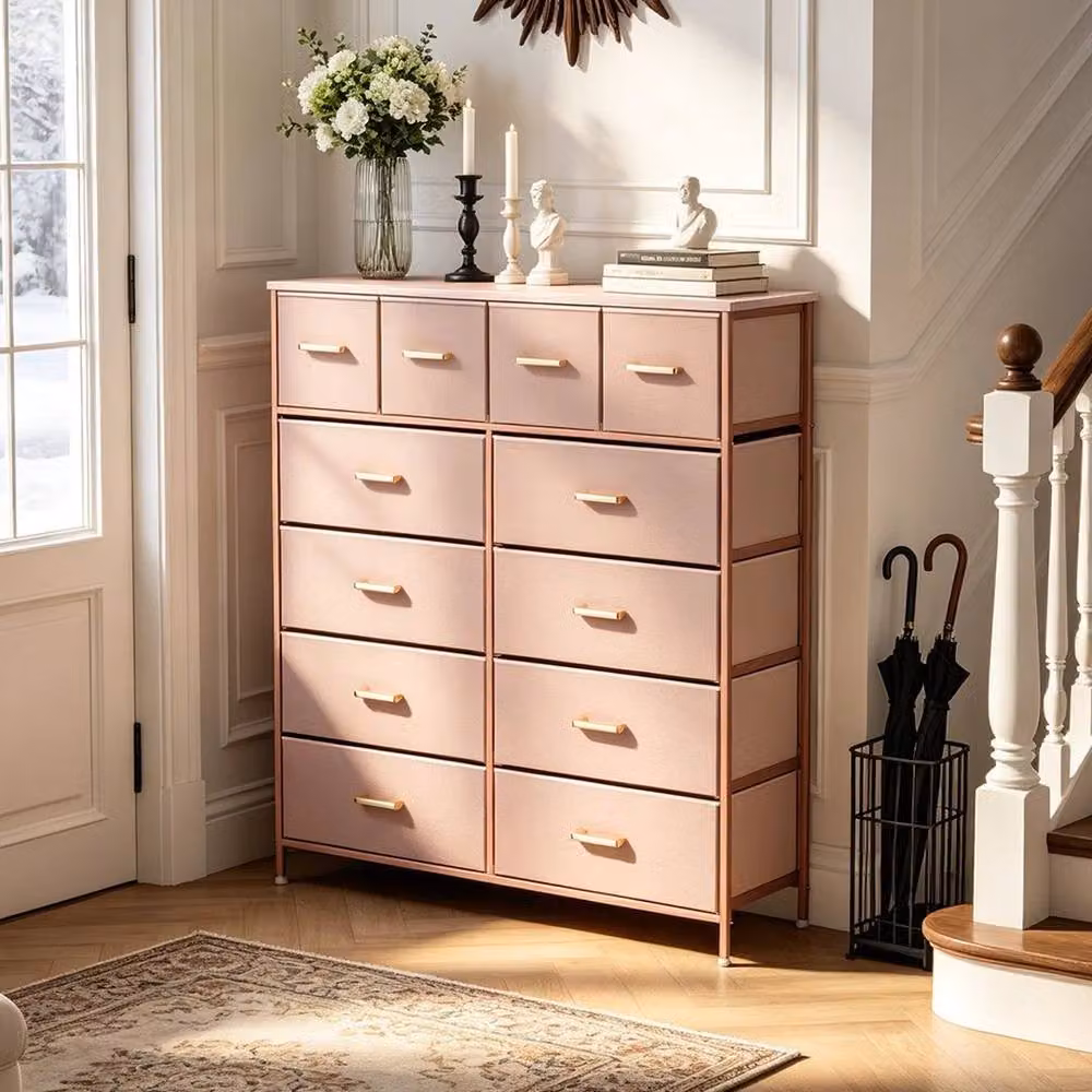 KORVIXA Pink and Gold 12 Drawer Non Woven Chest of Drawers – 4