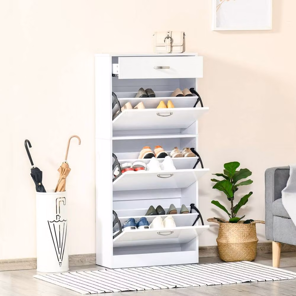 KORVIXA Modern High Gloss White Shoe Cabinet with 4 Tilting Compartments and Internal Drawers W/D/H: 100 x 100 x 100 cm – 2