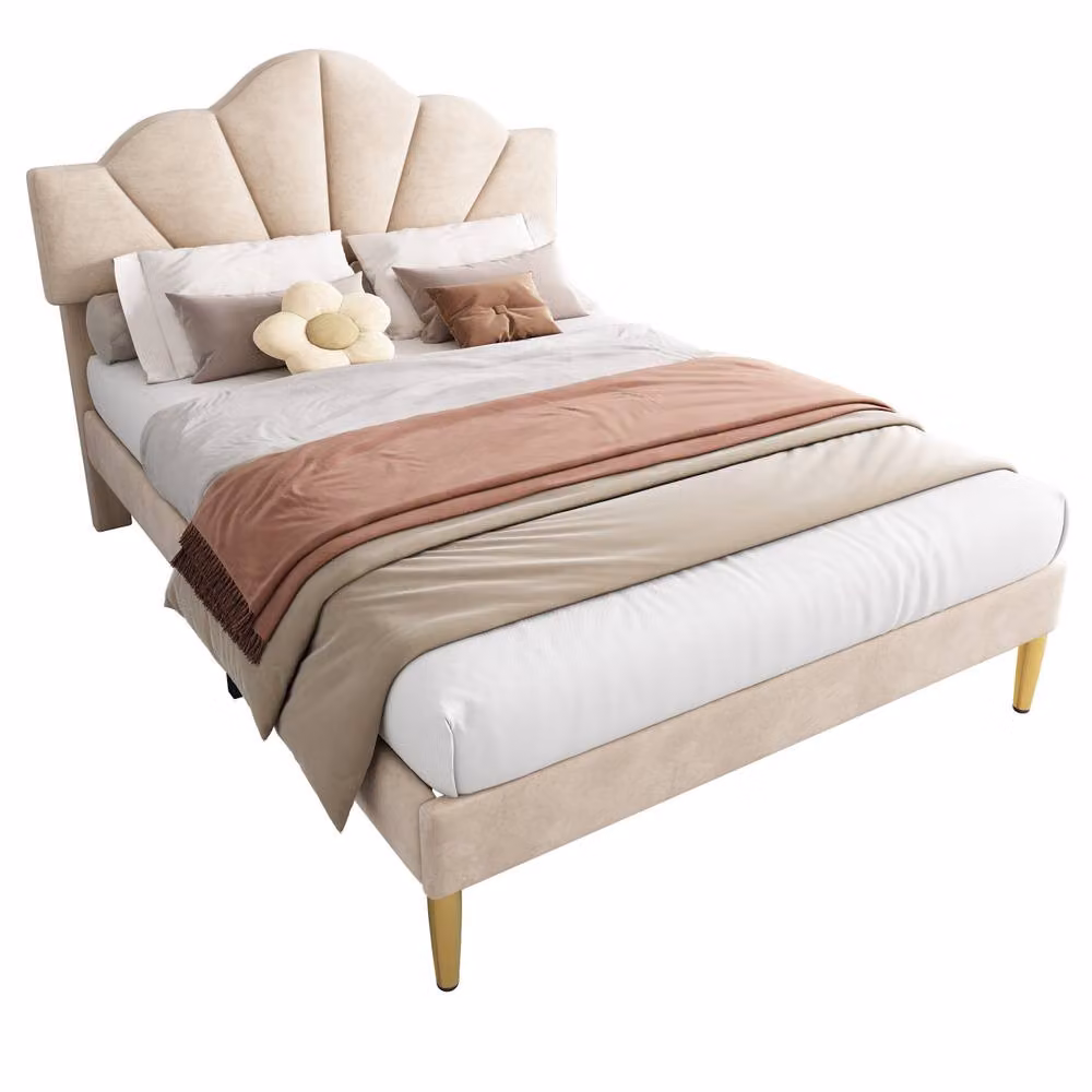 Rolipo Beige Velvet Double Bed with Shell Headboard and Golden Legs – 3