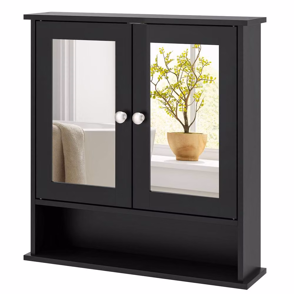 Costway Black Wooden Wall Mounted Bathroom Medicine Cabinet with Mirror and Two Hinged Doors – 6