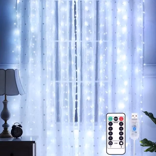 Garwarm Cool White LED Curtain String Lights with 300 LEDs and 8 Modes – 1
