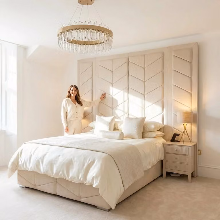 BEDS NK LTD Chevron Luxe Extended Panel Bed in Beige Fabric with Solid Wood Frame