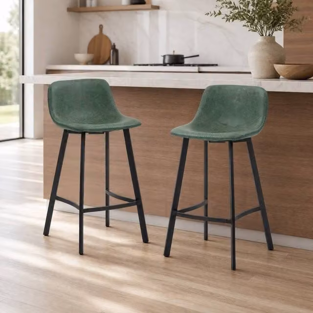 STILVORA Set of 2 Modern Green Faux Leather Bar Stools with Metal Frame