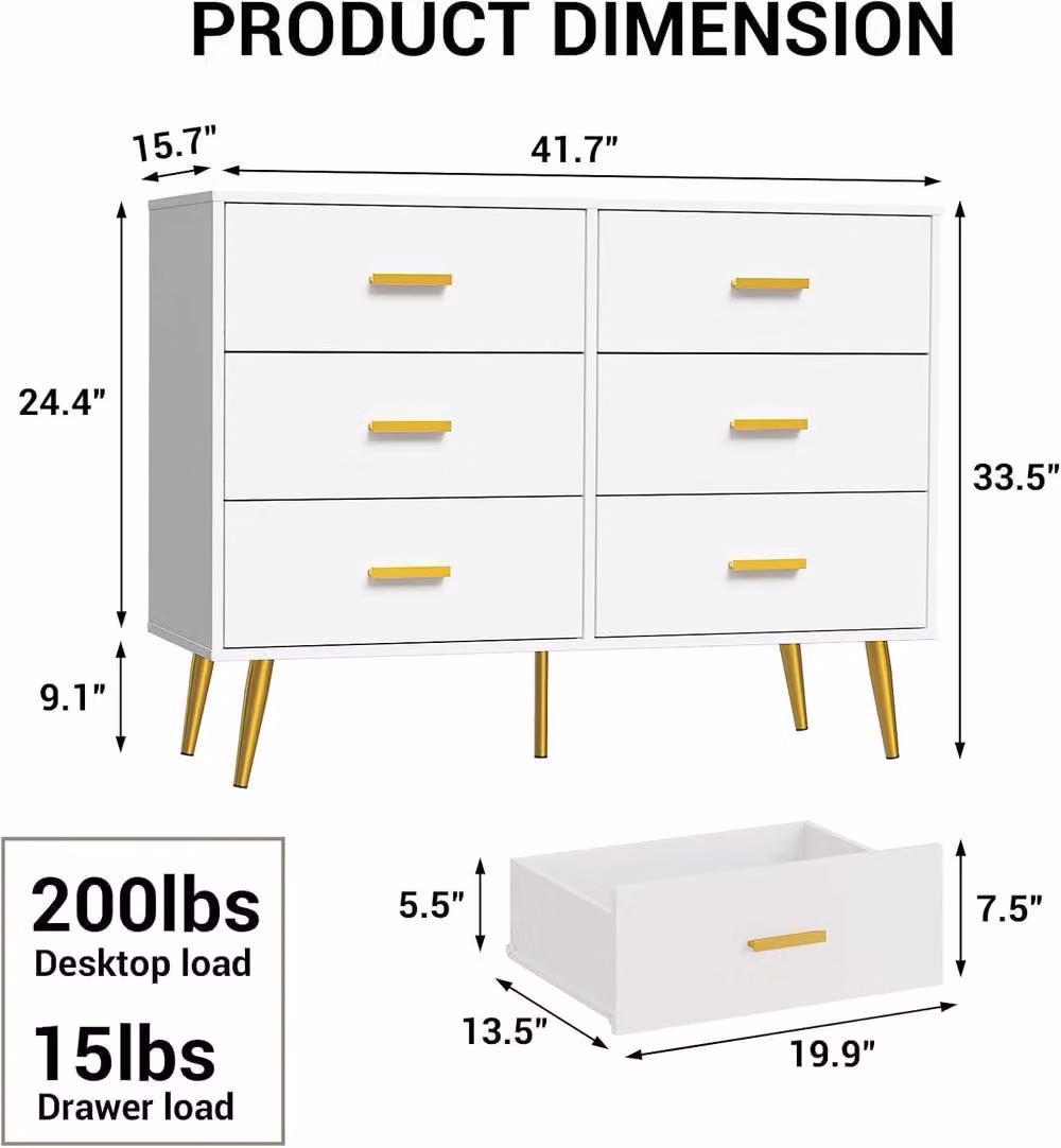 London Boutique Modern 6-Drawer Wooden Storage Chest in White, W/D/H: 106 x 40 x 85 cm – 2