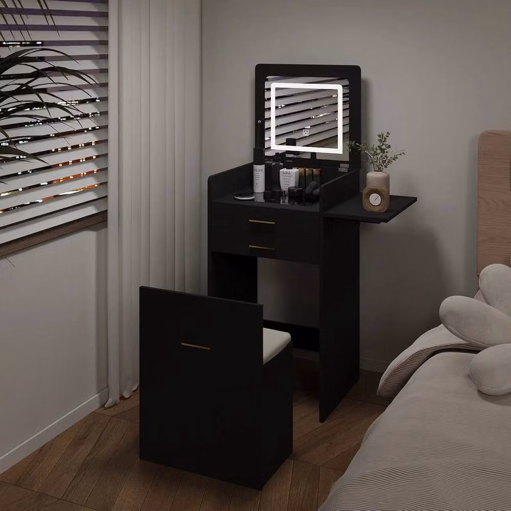 FORGEVIO Modern Dressing Table Set with LED Hollywood Mirror in Black – 2