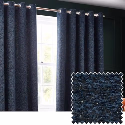 Paoletti Galaxy Navy and Gold Velvet Chenille Eyelet Curtain Pair, Opaque, W: 229 cm, H: 229 cm – 3