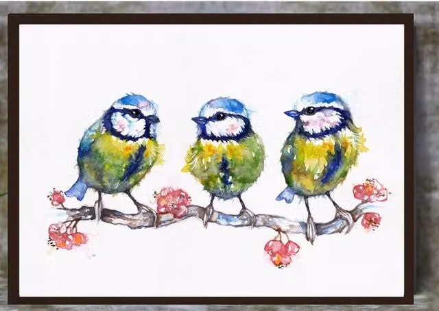Be Coventry Three Little Blue Tits Framed Wall Art in Blue, Yellow and Black