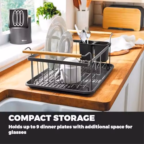 Tower Scandi Dish Drainer Rack with Removable Drip Tray and Cutlery Holder, Grey with Wood Effect Handles, W/D/H: 32.0 x 19.0 x 48.0 cm – 2