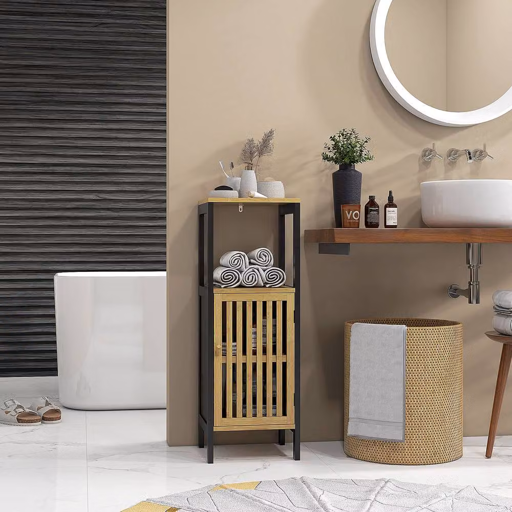 STILVORA Black Bamboo Bathroom Storage Unit with Cupboard and Shelves – 2
