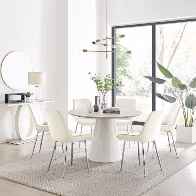 Furniturebox Palma Beige Stone Effect Round Dining Table and 6 Pesaro Silver Chairs in Cream