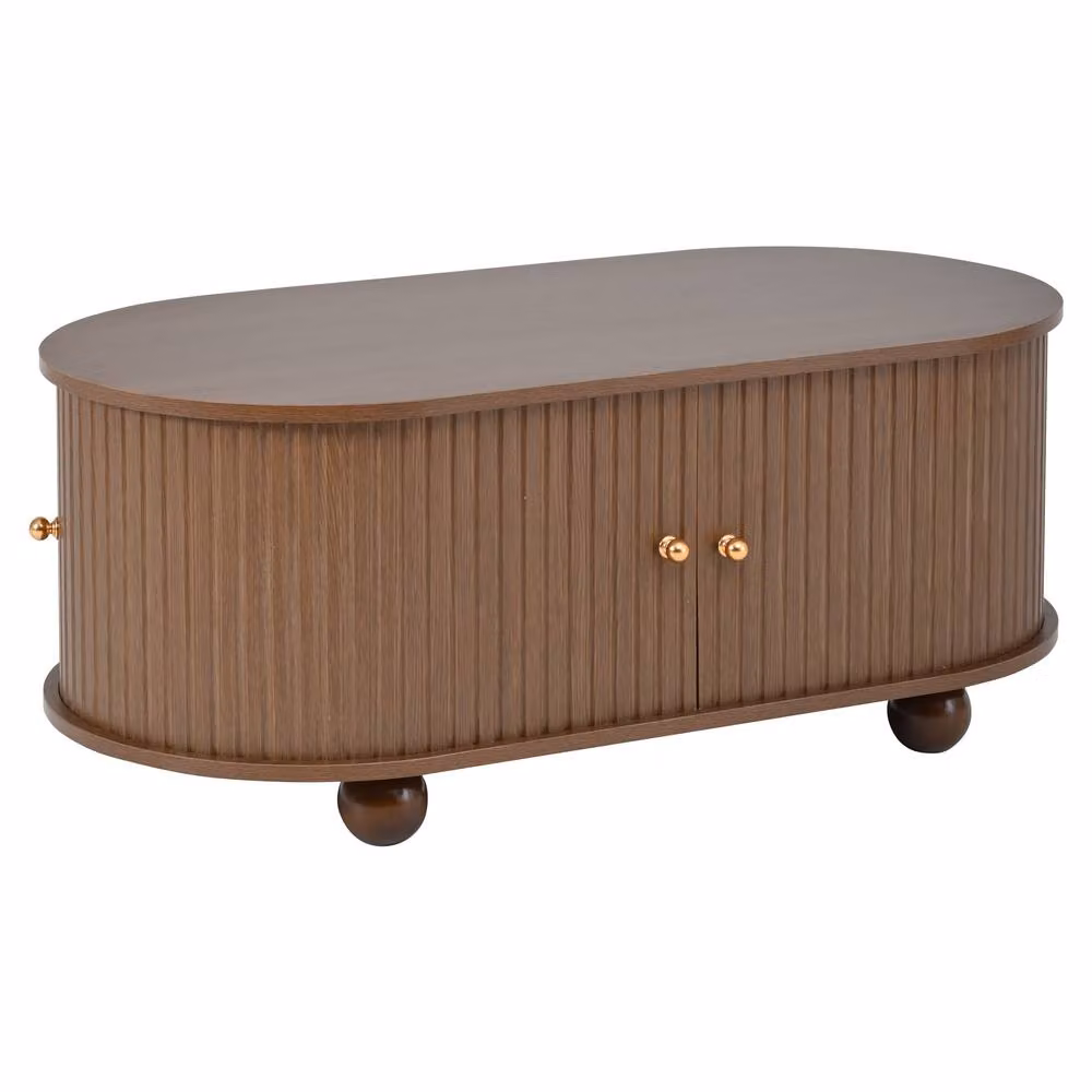 BTM Oval Coffee Table with Sliding Doors in Brown Oak, W/D/H: 100 x 50 x 40 cm – 4