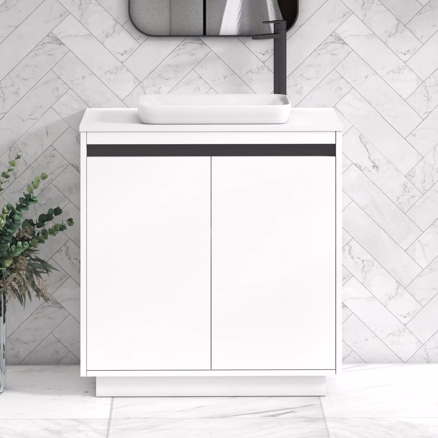 Royal Bathrooms Orion 800mm Matt White Floor Standing 2 Door Vanity Unit with Qubix Basin and Black Accent Trim