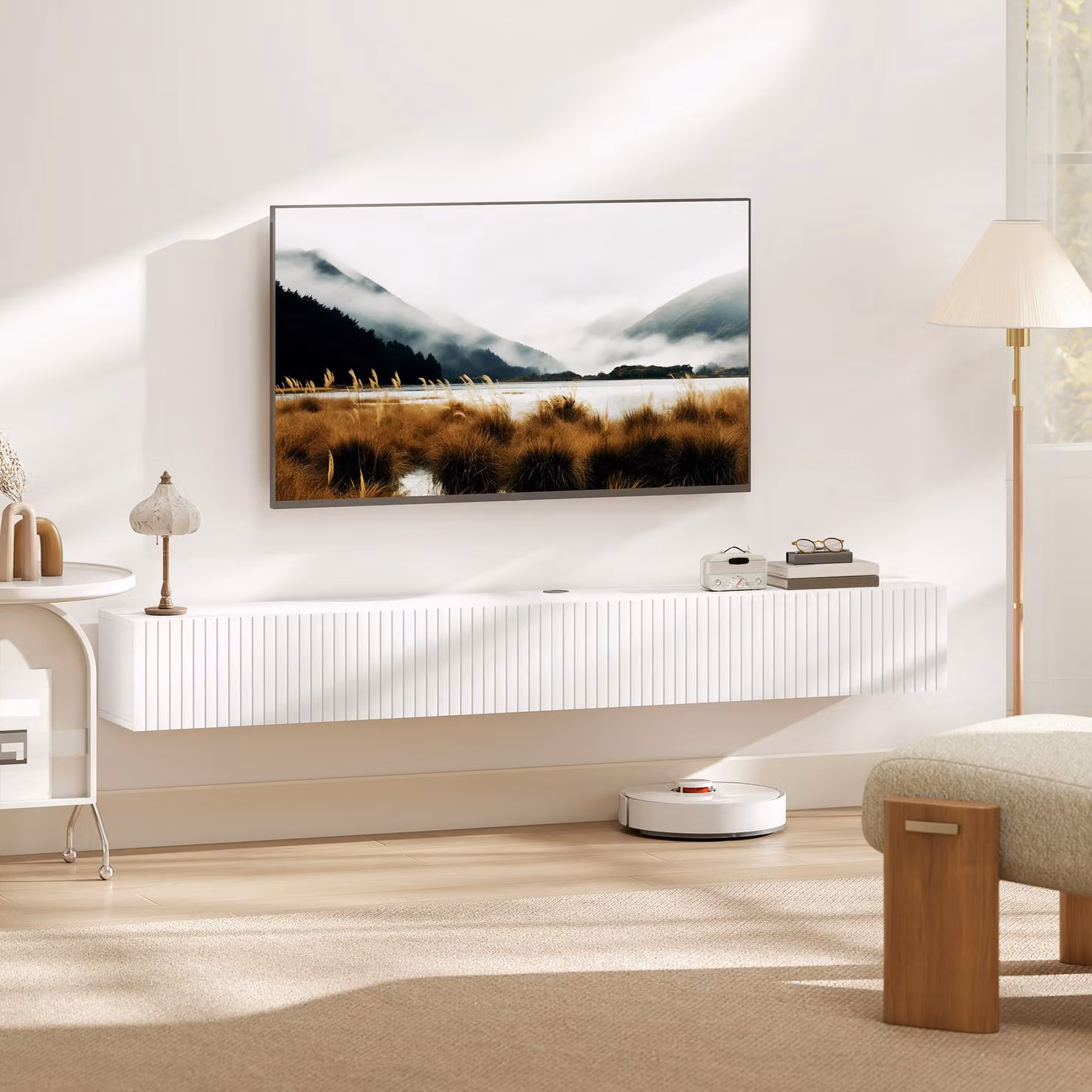 HOMCOM Modern White Floating TV Stand with Cable Management, Fits up to 180 cm TV – 2