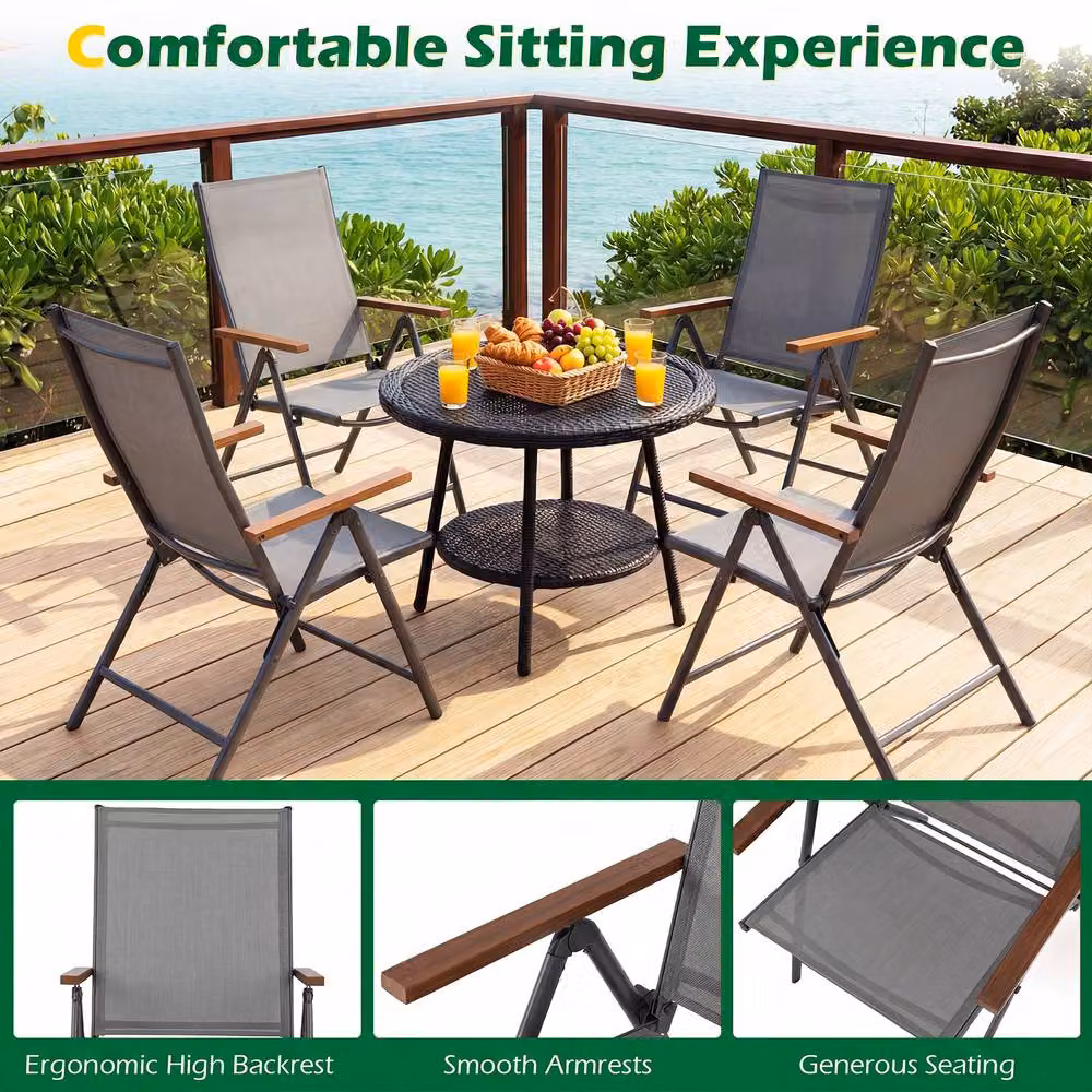 Costway Set of 2 Grey Folding Patio Chairs with 5-Position Backrests and Armrests – 6