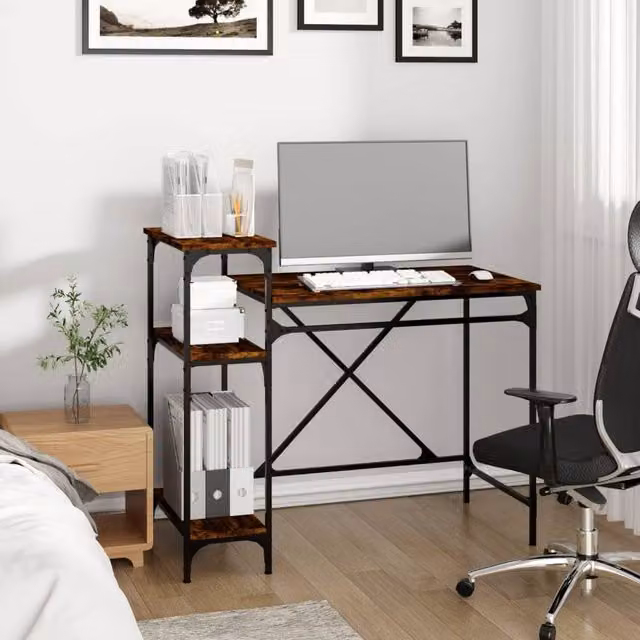 Berkfield Home Charming Writing Desk with Shelves in Smoked Oak Brown, W/D/H: 105 x 50 x 90 cm – 1
