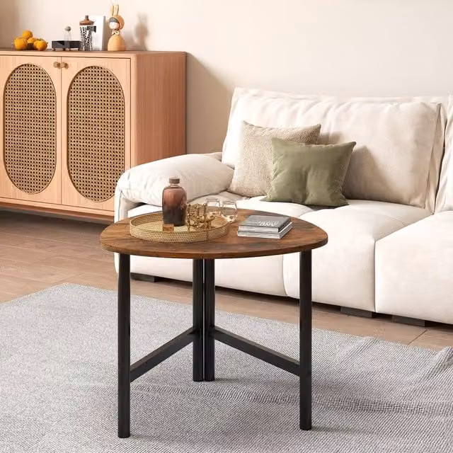 Costway Industrial Round Wooden Coffee Table and Sofa Side Table in Brown