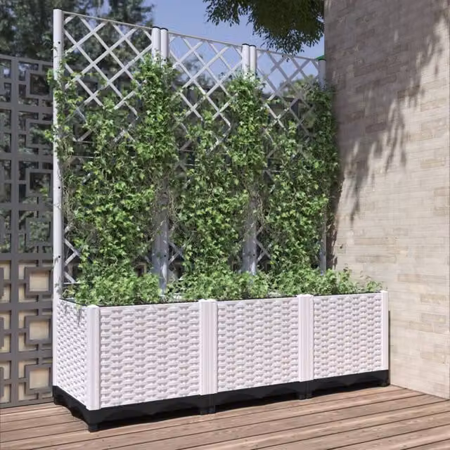 Berkfield Home Garden Planter with Trellis in White, W/D/H: 120 x 40 x 136 cm
