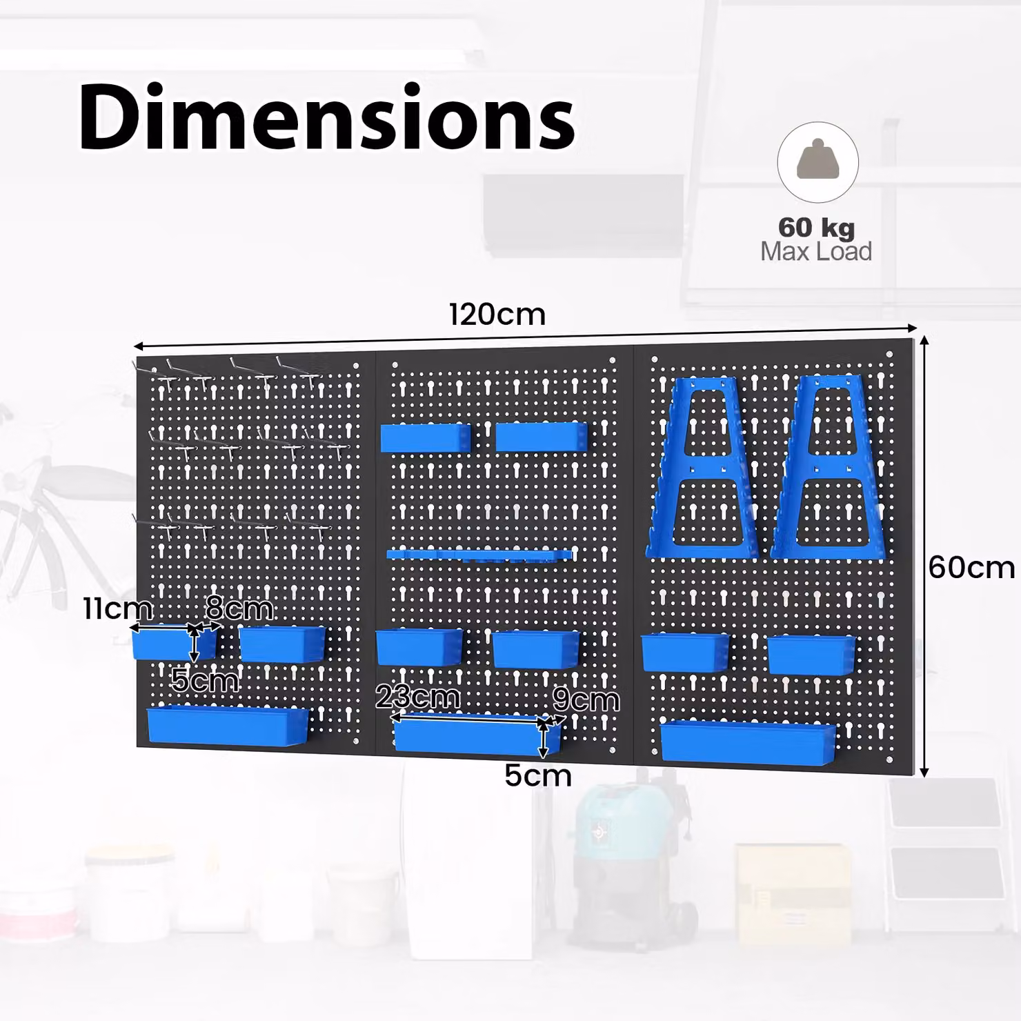 Costway Pegboard Wall Organizer with 9 Bins and Hammer Racks, Blue, W: 120 cm, H: 60 cm, D: 26 cm – 6