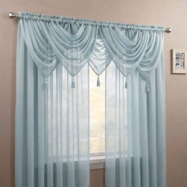 Luxury Living 5 Piece Set of Soft Sheer Voile Swag Curtains with Tassels in Duck Egg Blue, Width: 56 cm, Drop: 45 cm – 1