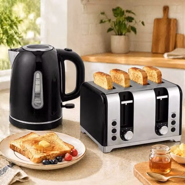 STILVORA Kettle and Toaster Set in Black with Blue LED Strip