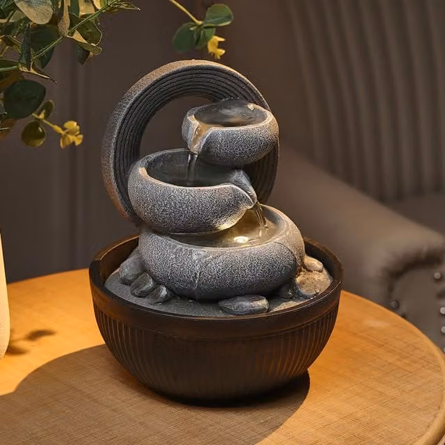 Livingandhome Grey Resin Indoor Tabletop Water Fountain Statue with Warm LED Light, Height: 21 cm